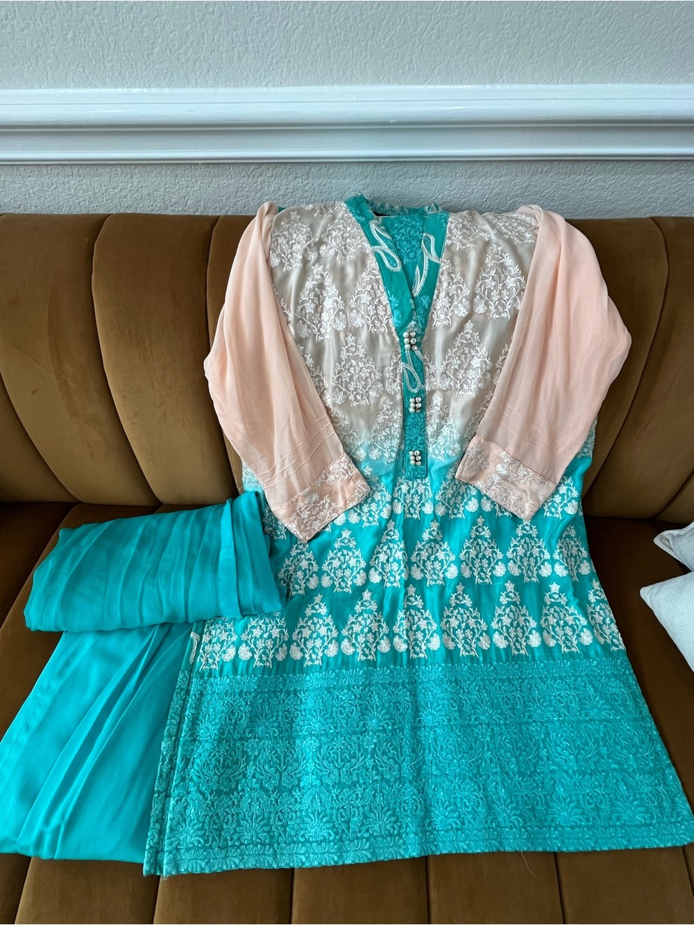 Aqua & Blush Embroidered Women’s Dress with Chiffon Dupatta